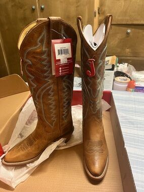 Justin Boots Brown Leather Embroidered Western Heeled Boots